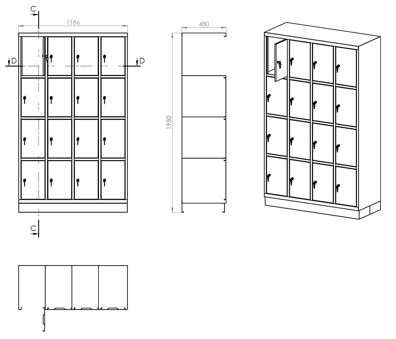 Technische Zeichnung Schließfach Spind 4x4 Technische Zeichnung Schließfach Spind 4x4