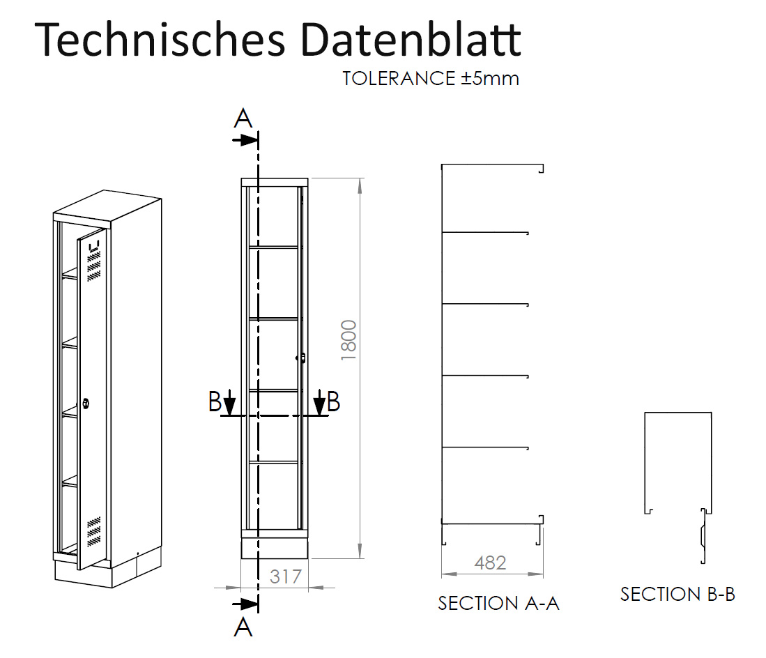 Technisches Datenblatt Metallspind John mit 5 Einlagefächern Technisches Datenblatt Metallspind John mit 5 Einlagefächern