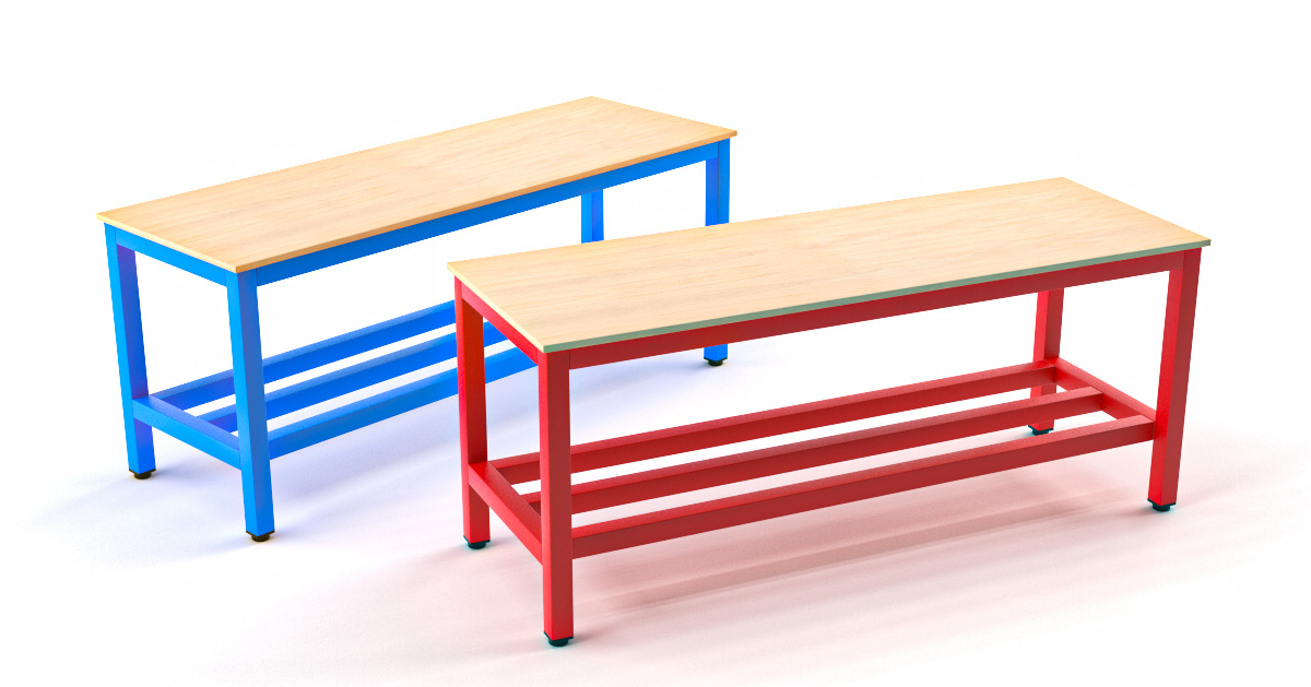 Sitzbank Umkleideraum in rot und blau Sitzbank Umkleideraum in rot und blau