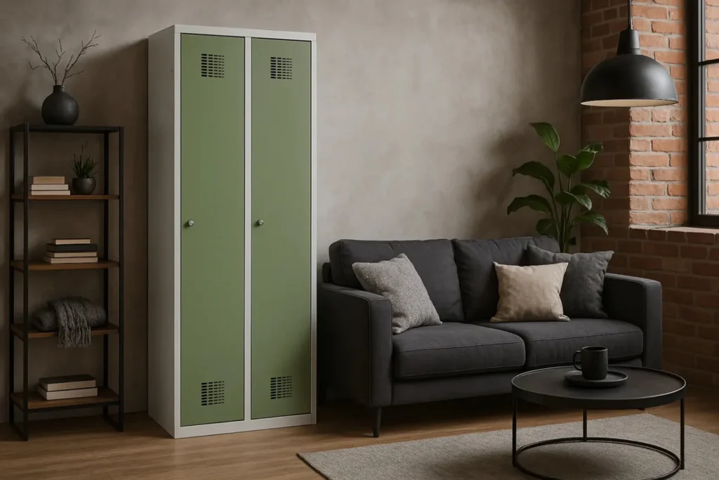 Moderner Metallspind in Grün und Weiß mit zwei Türen, ideal als stilvoller Garderobenschrank oder Stauraumlösung für Wohnräume, Büros und Eingangsbereiche. Der robuste Schrank überzeugt durch sein minimalistisches Design und seine zeitgemäße Farbgebung in sanftem Grün kombiniert mit einem eleganten weißen Rahmen. Perfekt für ein modernes Wohnambiente, bietet dieser Metallschrank nicht nur praktische Aufbewahrungsmöglichkeiten, sondern setzt auch stilvolle Akzente im Industrial- oder skandinavischen Einrichtungsstil. Durch die hochwertige Verarbeitung und das langlebige Material ist der Stahlspind eine funktionale und ästhetische Ergänzung für jeden Raum.