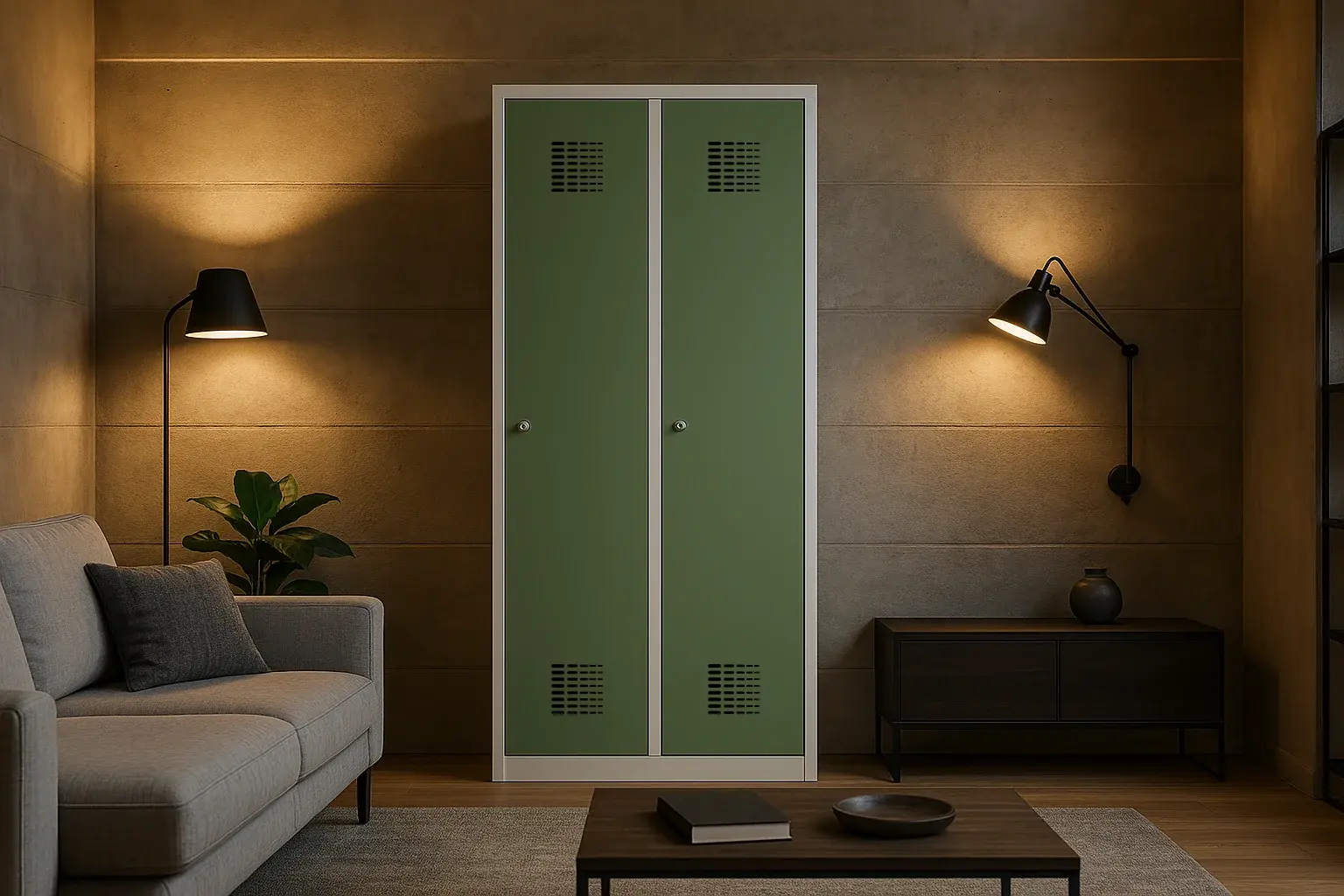 Metallspind Doppeltür Grün Weiß als Wohnzimmerschrank Metallspind Doppeltür Grün Weiß als Wohnzimmerschrank