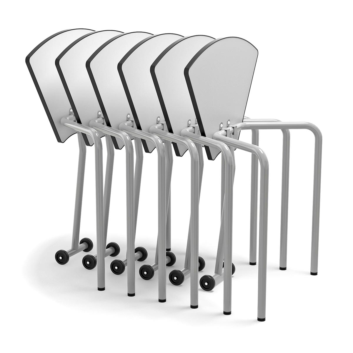 Klappbarer Einzeltisch mit 2 Rollen HEXA zusammengeplappt und gestapelt Klappbarer Einzeltisch mit 2 Rollen HEXA zusammengeplappt und gestapelt