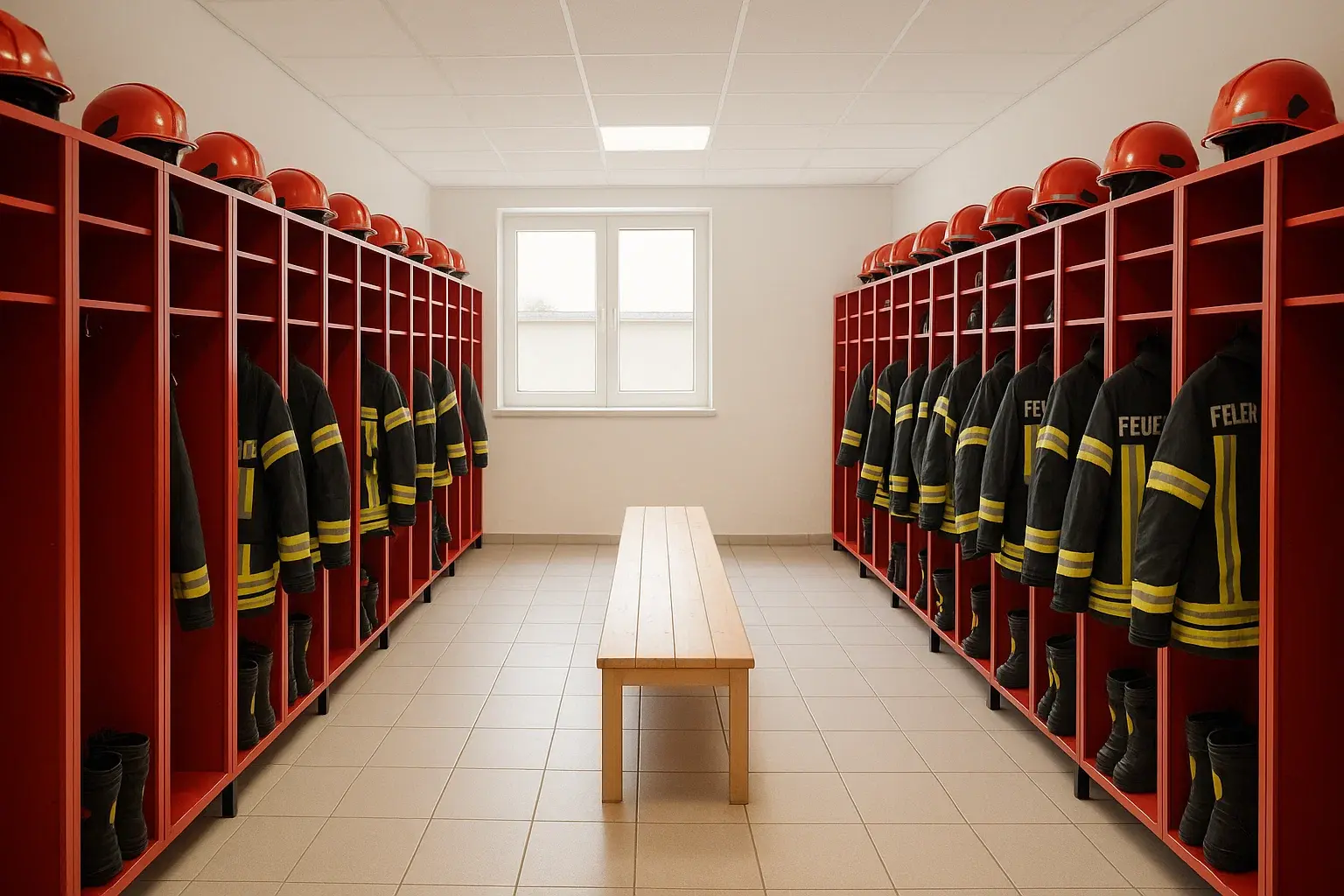 Feuerwache mit Feuerwehrspinden im Umkleideraum