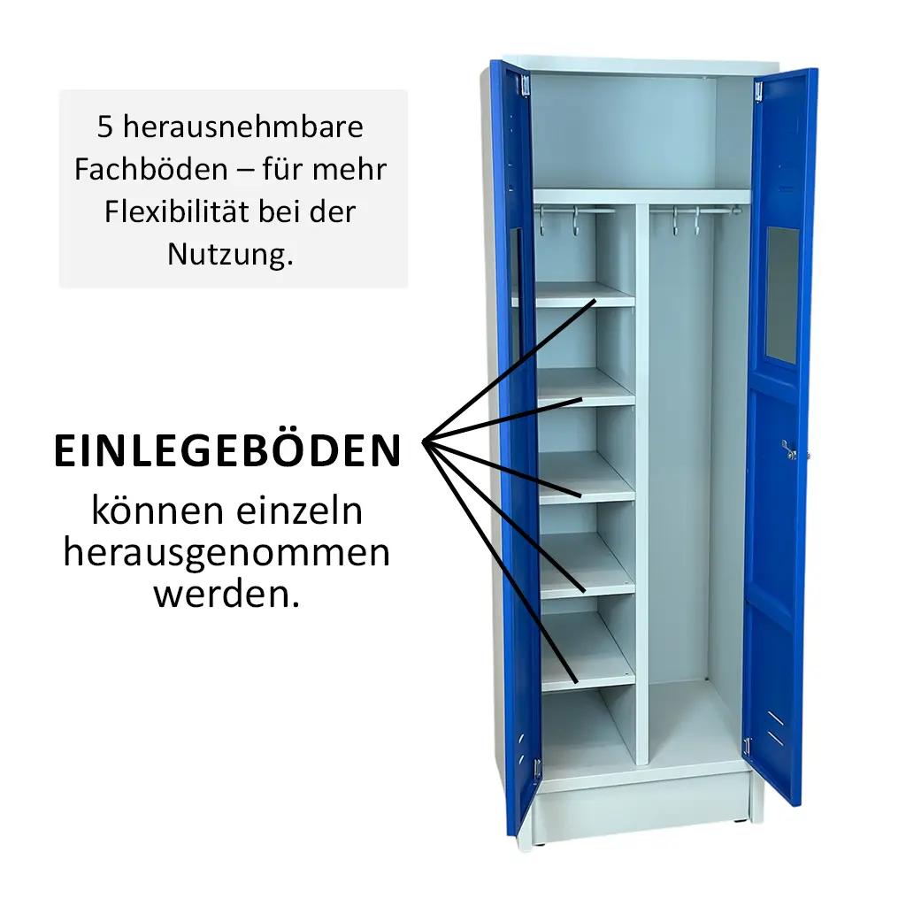 Unterkunftsschrank Metallspind HUGO mit variabler Innenaufteilung der Einlageböden