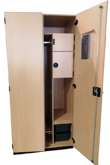 Bundeswehr Buche-Dekor Spind – 95 cm Breite - eine Tür geöffnet