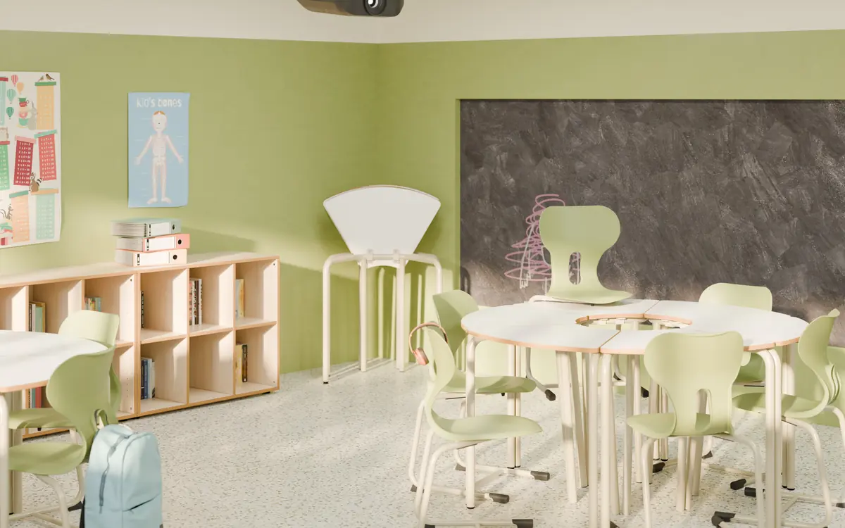 Schulmöbel für die Grundschule: Tische und Stühle in Hellgrün und Holz