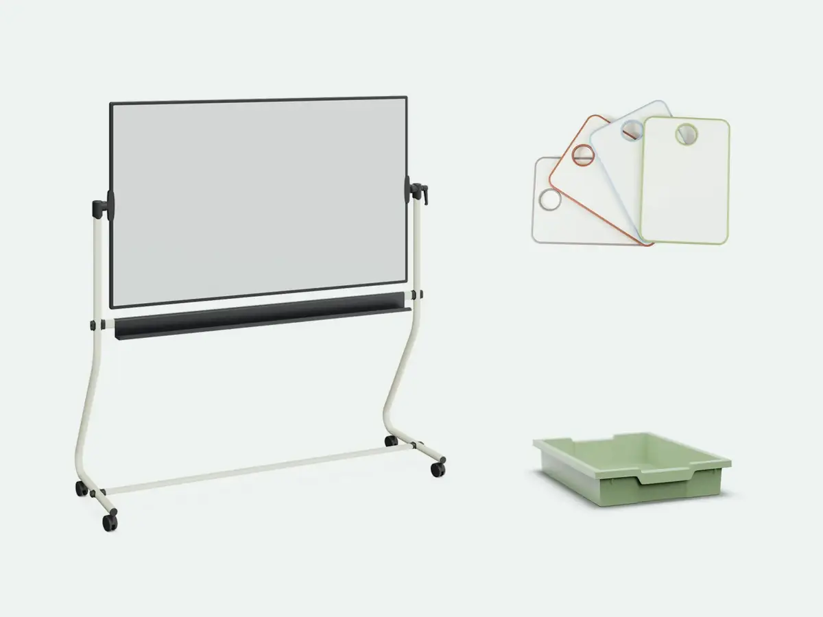 Mobiles Whiteboard, Mini-Whiteboards und Aufbewahrungsbox als Zubehör für das Klassenzimmer
